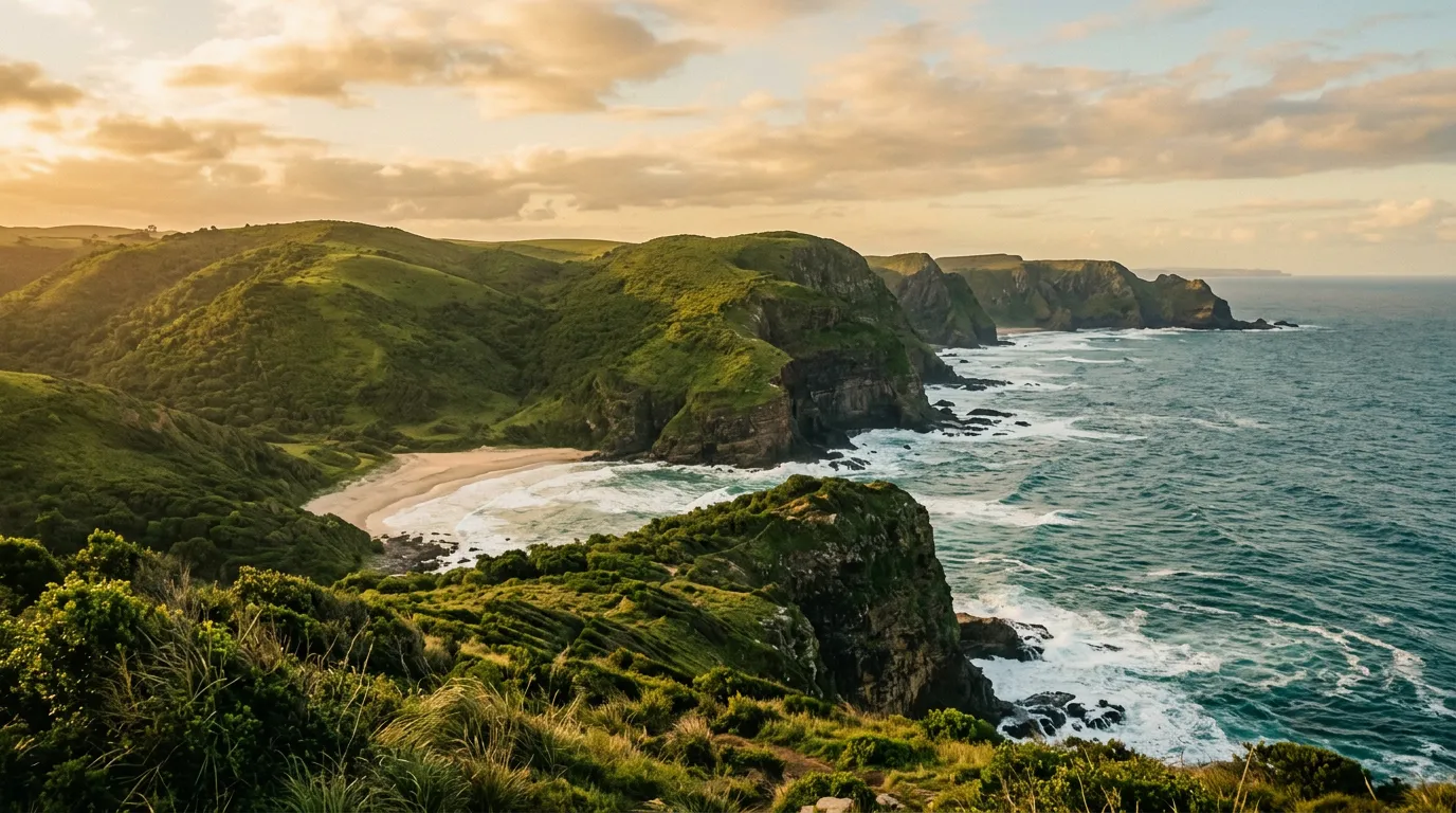 Побережье Wild Coast, зелёные холмы обрываются в Индийский океан